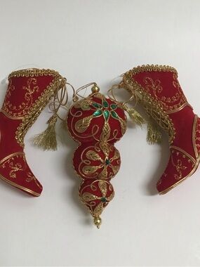 Victorian Look Christmas Tree Ornaments SET OF 3 Red Velvet Gold Trim Boots NEW